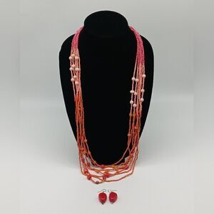 EL - Coral Beaded Ombre 20" 7 Strand Necklace & Matching Drop Earrings Set